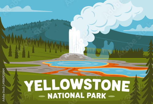 Vibrant Illustration of Yellowstone National Park Featuring Erupting Geyser and Scenic Landscape
