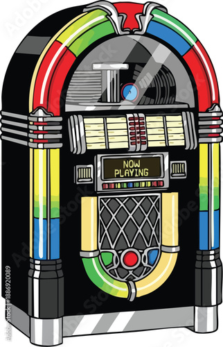 Classic retro jukebox with vibrant colors and chrome accents, featuring a glass front and a 'Now Playing' display, perfect for vintage-themed music and entertainment contexts.