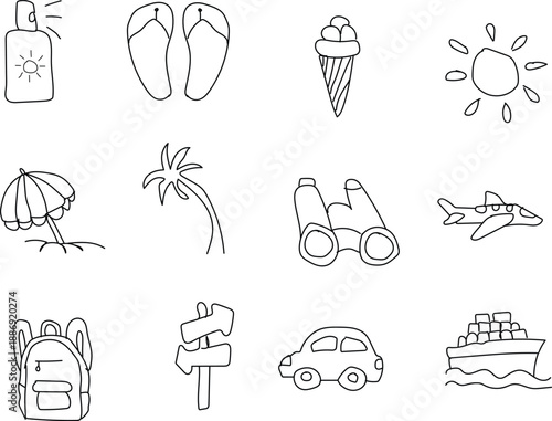 Its displays a collection of hand-drawn, doodle-style icons related to summer vacation and travel. The items depicted include common beach and travel essentials and symbols.