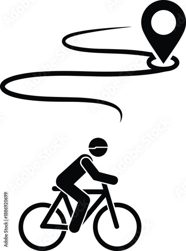 Cyclist journey icon, bike travel path, navigation concept, destination marker, simplified style, black and white graphic, commuting symbol, exercise route