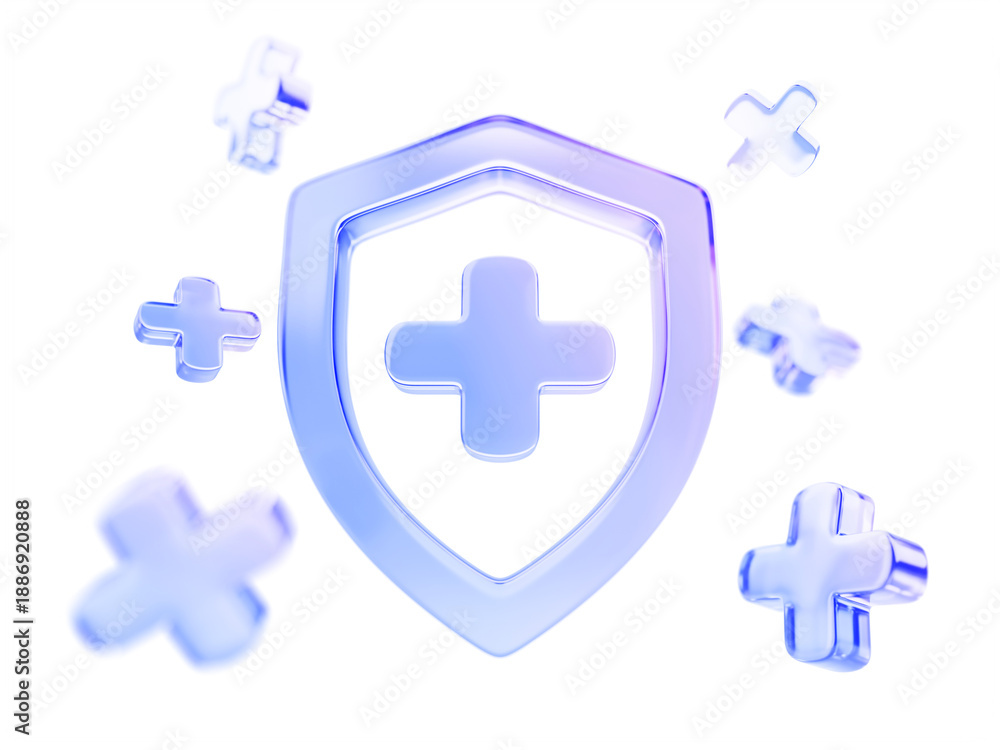 Obraz premium 3d glass holographic medical shield icon with plus cross signs floating on blue background. Health insurance protection badge. Healthcare safety emblem for hospital or pharmacy design