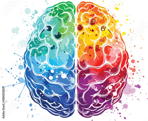 Creative brain hemisphere illustration, left right brain concept, colorful abstract art, psychology symbol, artistic thinking, neural design, mind balance