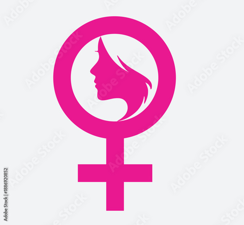 Female Gender Symbol with Woman Profile Silhouette, Feminism and Equality Vector Icon