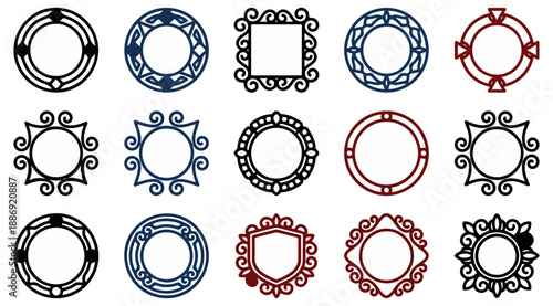 Geometric circular ornamental design elements isolated on black background