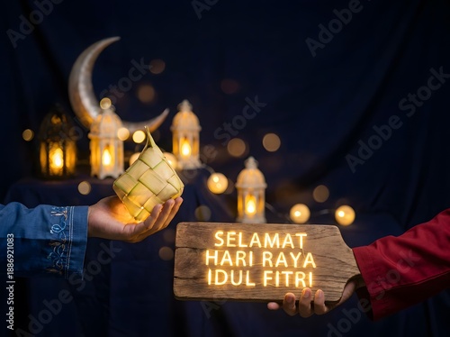 Night Eid Al Fitr Greeting with Ketupat. Moon and Lantern Glow Blurred on Background