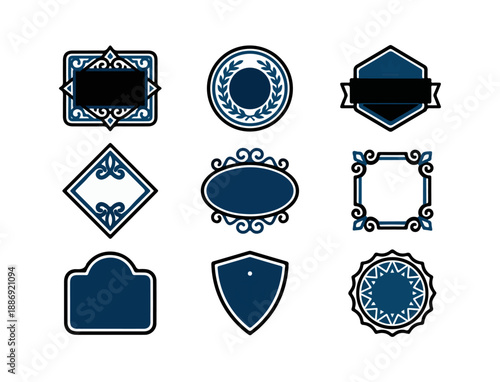 Set of decorative badges and frames in dark blue and white on black
