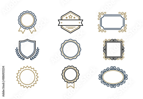 Set of decorative emblems and badges on black background