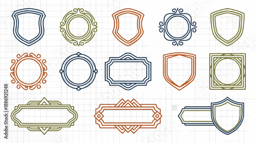 Set of decorative frames and shields in vector style