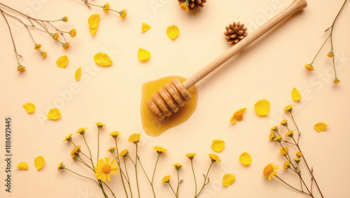 Honey Drizzle with Flowers - Natural Wellness Banner. AI generated image.