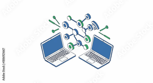 Two laptops connected through wireless network signals.