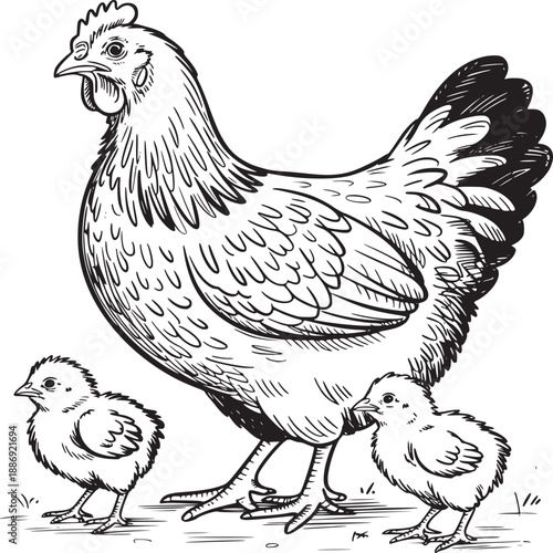 Illustration of a hen with two chicks standing on the ground in a black and white drawing style