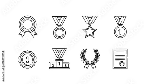 Winner Medal Outline Icon Set with Championship and Achievement Award Symbols