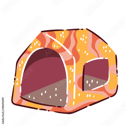 Pet grooming house with soft rounded shape, entrance and side window. Cozy pet house for grooming and care scenes, cartoon doodle style. Pet house vector illustration.