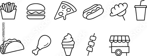 Set of black line icons representing fast food and street food items including burger, fries, soda, hot dog, pizza, chicken leg, taco, ice cream, skewer, and food truck. Minimalist outline icon set te