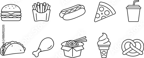 Set of black line icons representing fast food and street food items including burger, fries, soda, hot dog, pizza, chicken leg, taco, ice cream, skewer, and food truck. Minimalist outline icon set te
