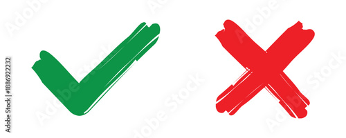 Brush painted tick and cross. Hand drawn check mark symbol. Transparent PNG and vector illustration
