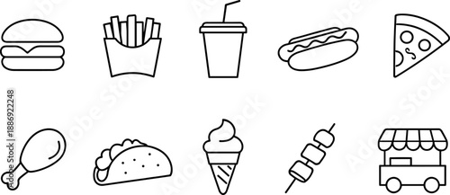 Set of black line icons representing fast food and street food items including burger, fries, soda, hot dog, pizza, chicken leg, taco, ice cream, skewer, and food truck. Minimalist outline icon set te