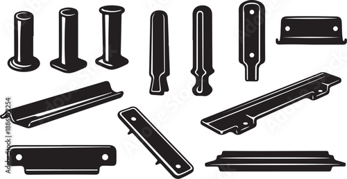 Black and white illustration of various metal fasteners collection