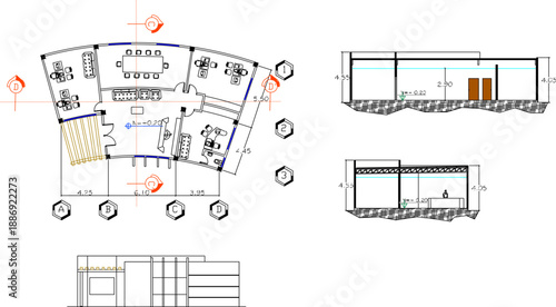 Vector sketch illustration silhouette design architectural engineering drawing of a simple cafe restaurant building with construction details