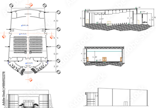 Vector sketch illustration silhouette design architectural engineering drawing of performance auditorium building with construction details