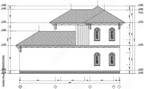 vector sketch illustration silhouette design architectural engineering drawing of a simple house building with scale size 