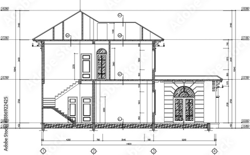 Vector sketch illustration silhouette design architectural engineering drawing section view of a simple house building with scale size