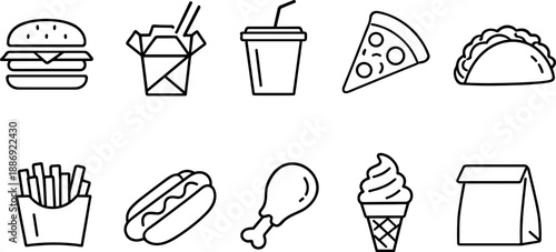 Set of black line icons representing fast food and street food items including burger, fries, soda, hot dog, pizza, chicken leg, taco, ice cream, skewer, and food truck. Minimalist outline icon set te