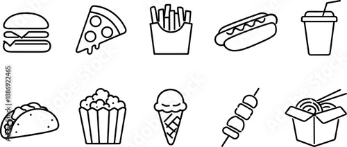 Set of black line icons representing fast food and street food items including burger, fries, soda, hot dog, pizza, chicken leg, taco, ice cream, skewer, and food truck. Minimalist outline icon set te