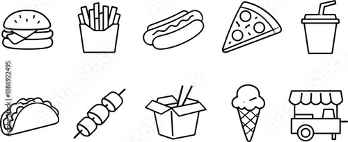 Set of black line icons representing fast food and street food items including burger, fries, soda, hot dog, pizza, chicken leg, taco, ice cream, skewer, and food truck. Minimalist outline icon set te