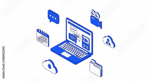 Laptop computer surrounded by communication and productivity icons.