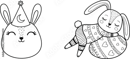 Cute sleeping bunny characters wearing party hat and cozy sweater in black and white kawaii doodle style for coloring pages and vector illustrations