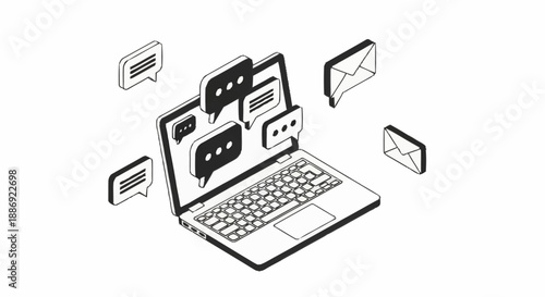 Laptop computer with chat bubbles and emails floating around it.