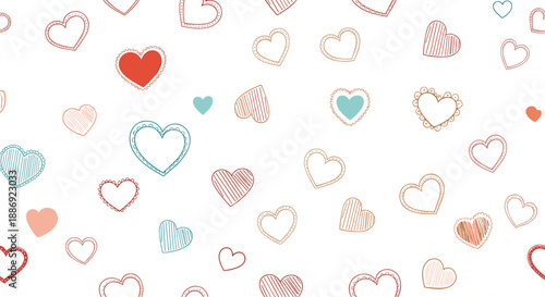 Seamless pattern of cute, hand-drawn doodle hearts in various sketched and colored styles scattered on a simple white background for romantic designs.