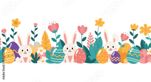 Festive Easter seamless border illustration featuring cute bunnies peeking through colorful flowers and decorated Easter eggs on a white background.