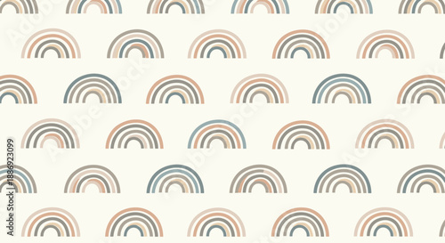 Calm and neutral seamless pattern of hand-drawn bohemian style rainbows in muted, earthy tones of beige, gray, and dusty blue for nursery decor.
