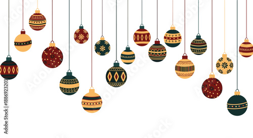 Festive illustration of various Christmas baubles with intricate patterns hanging at different lengths from the top on a clear white background.