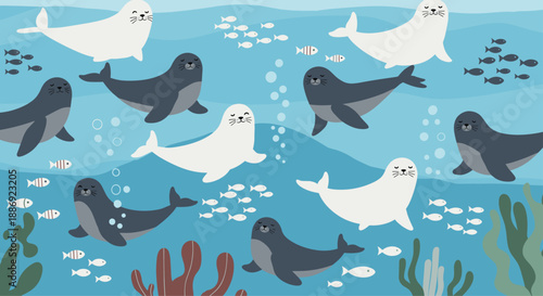 Underwater scene illustration with cute white and gray cartoon seals swimming among schools of fish, bubbles, and seaweed in blue water.