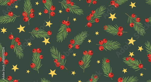 Festive and rustic seamless Christmas pattern with pine branches, red holly berries, and golden stars scattered on a dark green background.