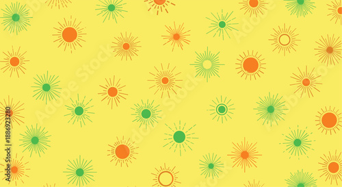 Fun and energetic seamless pattern of stylized, hand-drawn sunbursts and suns in bright orange and green on a vibrant yellow background.