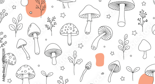 Seamless pattern of hand-drawn doodle mushrooms, plants, and stars with abstract orange shapes, creating a whimsical, minimalist black and white design.