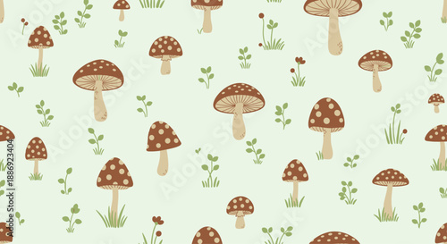 Seamless nature pattern with whimsical brown and white spotted mushrooms and green foliage on a light green background.