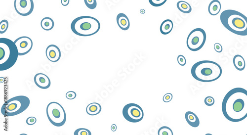 Abstract background with scattered, retro-style concentric ovals in shades of blue, green, and yellow on a white backdrop.
