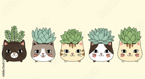 Five adorable cartoon cat-shaped planters, each holding a green succulent plant, arranged in a row on a yellow background.