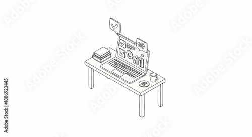 Simple black and white line drawing of a computer workstation with desk and office supplies.