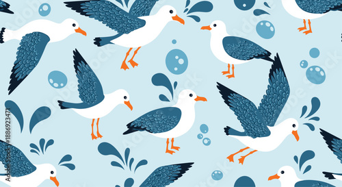 Seamless nautical pattern featuring cute cartoon seagulls and blue water splashes on a light blue background for summer.