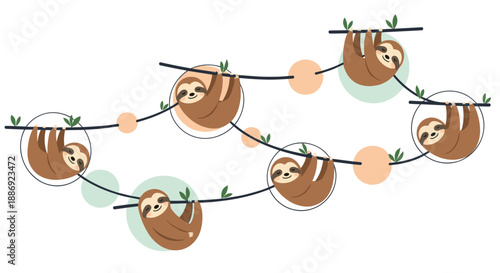 Cute and whimsical illustration of cartoon sloths hanging from vines with decorative abstract circles on a white background.