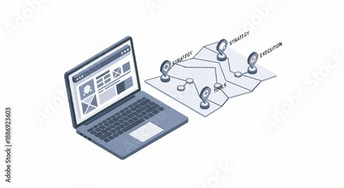 Laptop connected to multiple devices via network diagram.