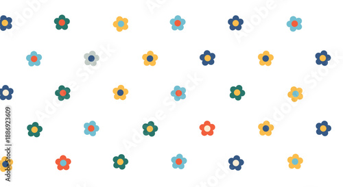 Simple seamless pattern of small, colorful stylized flowers arranged in a neat grid on a clean white background.