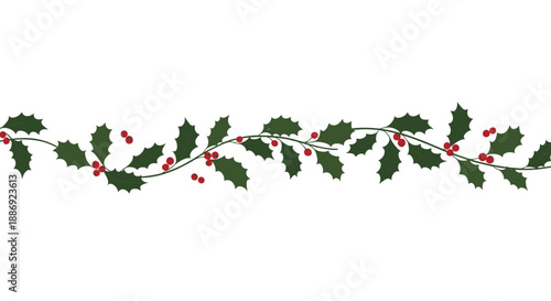 A classic and simple seamless horizontal garland of green holly leaves and red berries isolated on a white background.