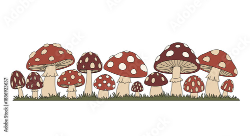 A charming horizontal border illustration of a variety of toadstool mushrooms with spotted caps, in red and brown colors.